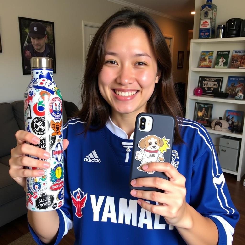 A Yamal fan showing off their collection of stickers