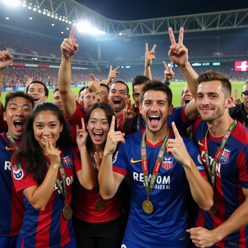 Fans celebrating a Yamal goal with the finger bookmark gesture