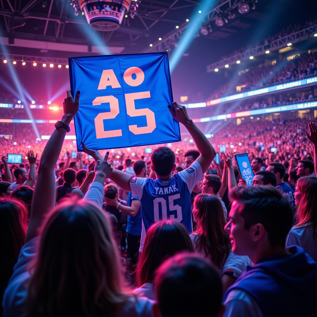 Lamine Yamal's fans celebrating his success, potentially holding a banner with "AO 25".