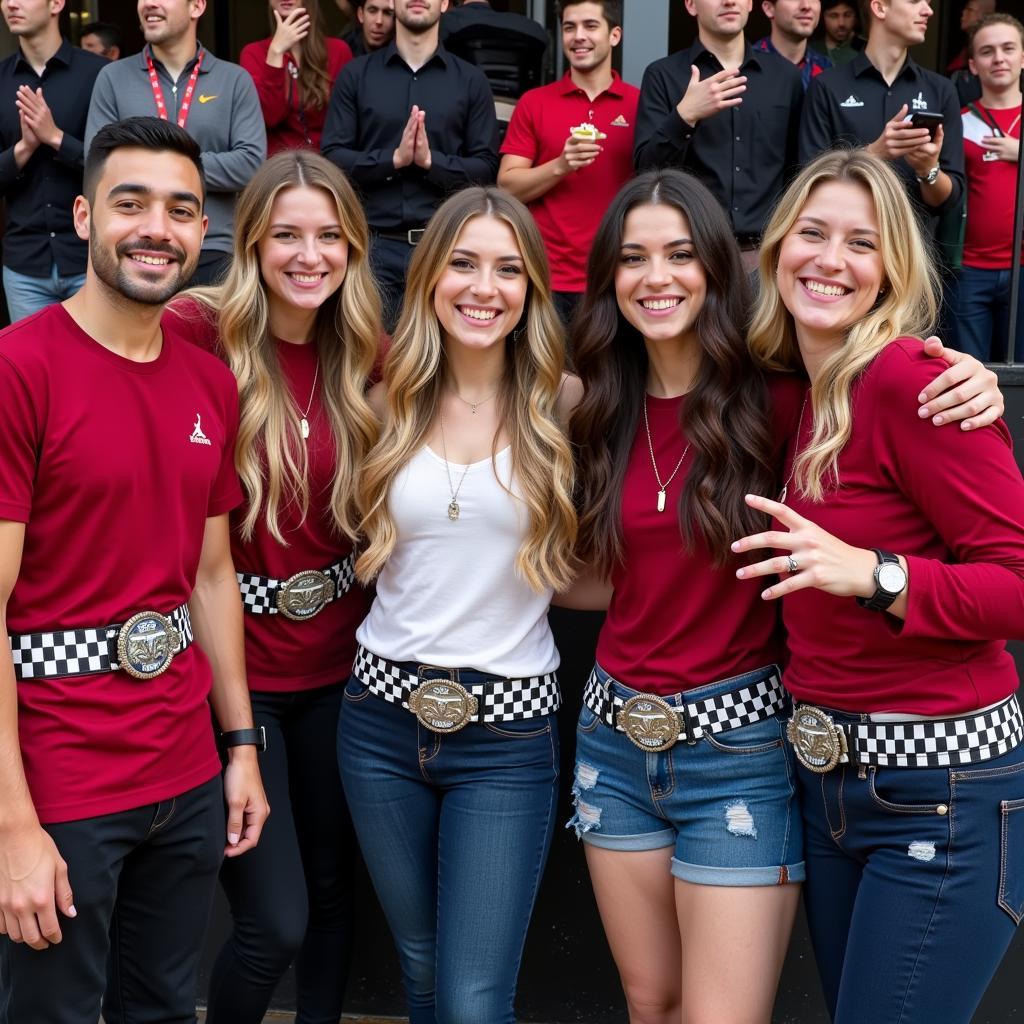 Fans emulating Yamal's style by wearing checkerboard belts, demonstrating the widespread impact of the trend.