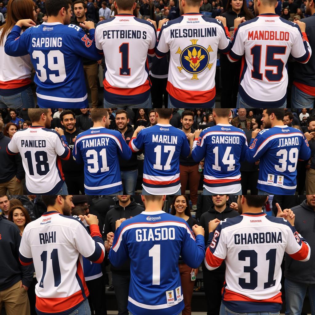 Yamal Fans Wearing Custom Jerseys - A group of fans wearing various custom Yamal jerseys with different names and numbers, posing together in a stadium.