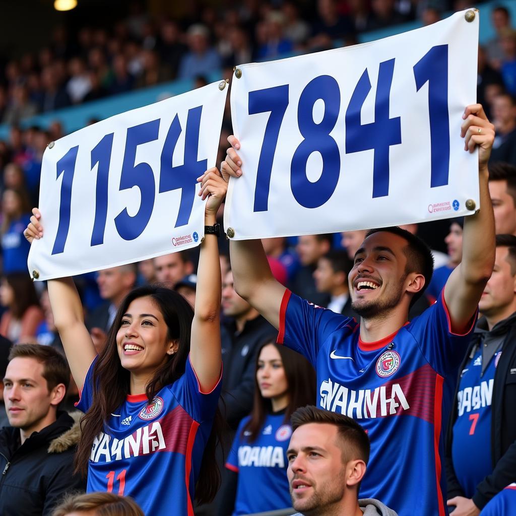 A group of enthusiastic Yamal fans proudly displaying banners featuring the prominent number 11547841.