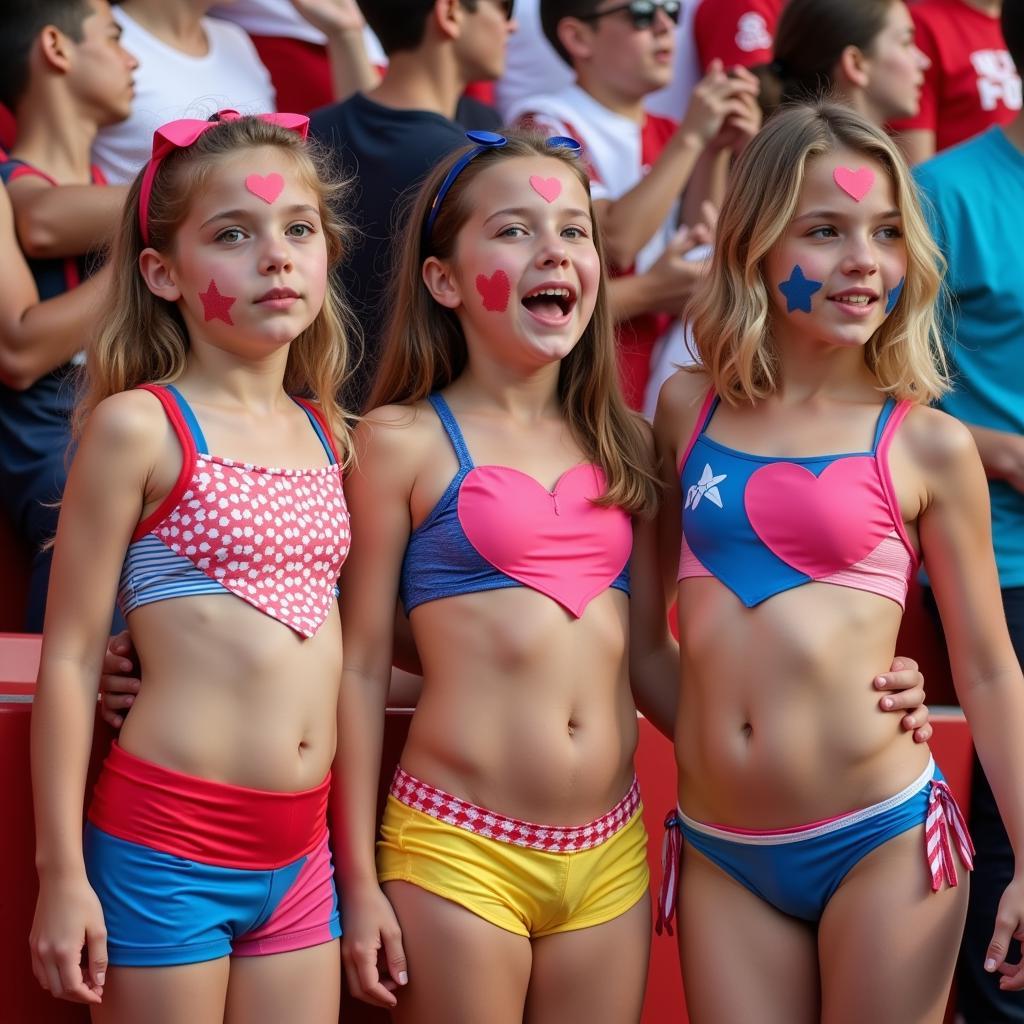 Group of young fans wearing heart-shaped bathing suits similar to Yamal's, cheering him on at a match.