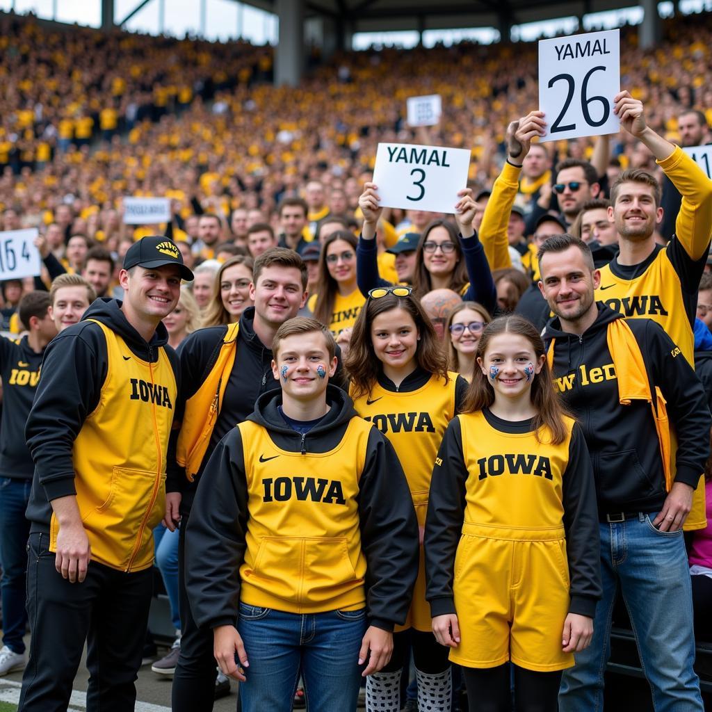 Yamal fans wearing Iowa overalls at a football game, showing their support.