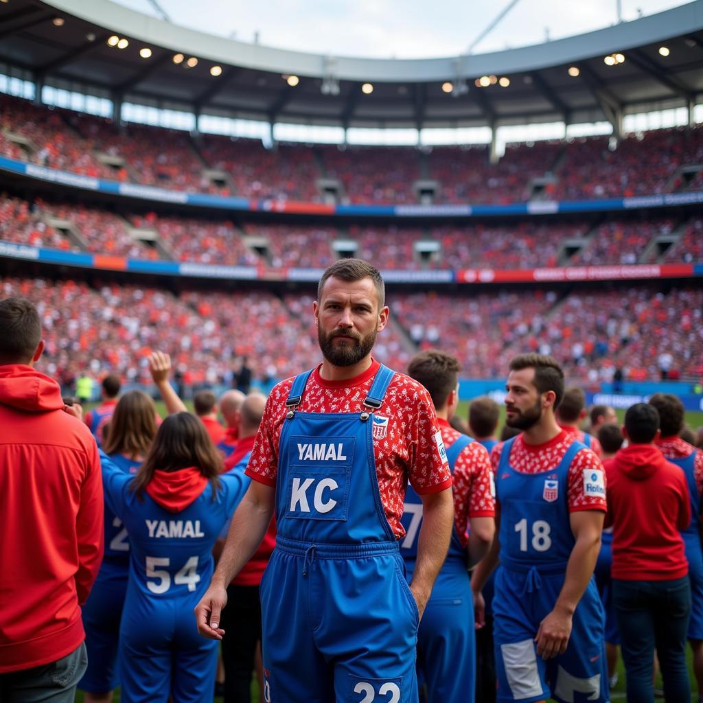 Yamal's fans wearing KC overalls in the stadium