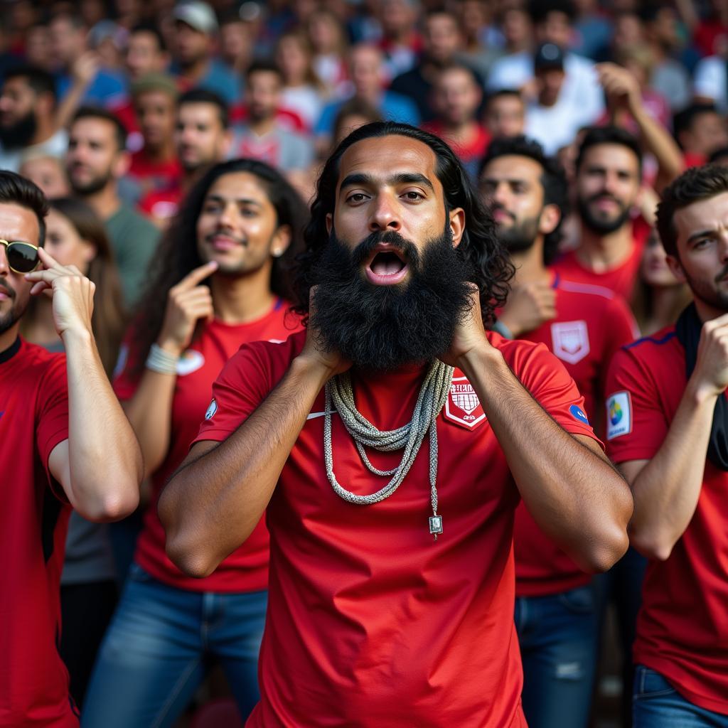 Fans imitating the lasso beard gesture in the stands