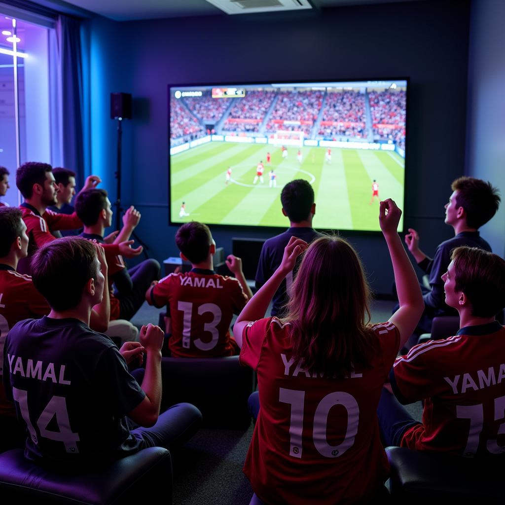 Yamal fans watching a match on a high-definition television.