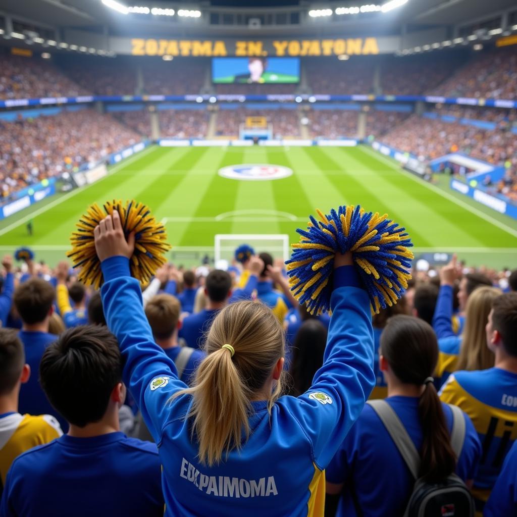 Yamal fans enthusiastically waving large, colorful pom poms in the stadium, creating a vibrant and energetic atmosphere.