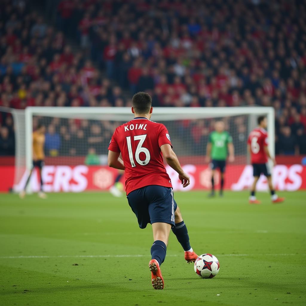 Yamal takes a free kick, using the defensive wall as a fixed object to aim his shot.