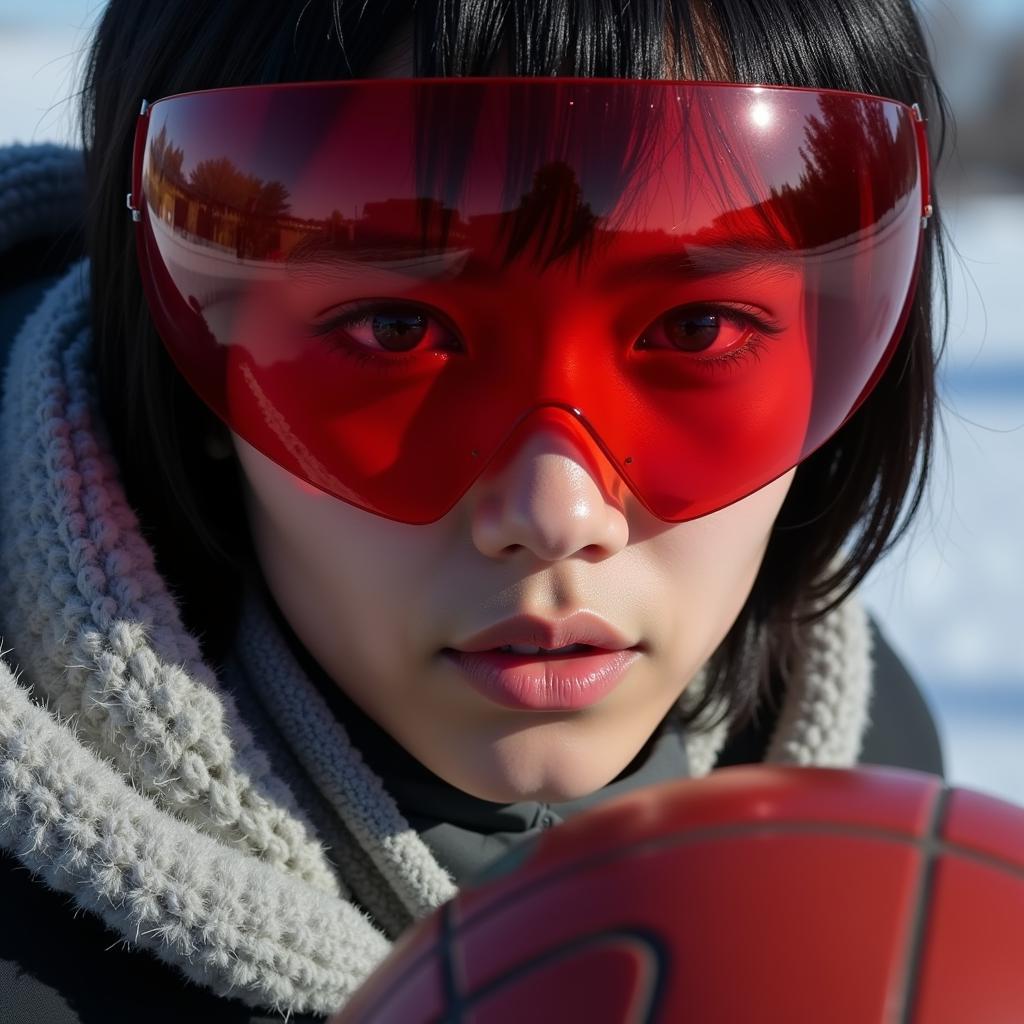 Close-up of Lamine Yamal's face, his clear red visor highlighting his determined expression.