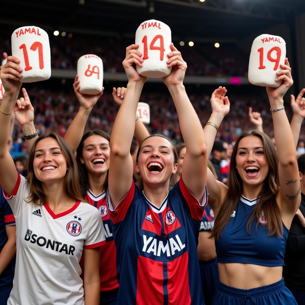 Yamal fans celebrating a goal with custom football marshmallows