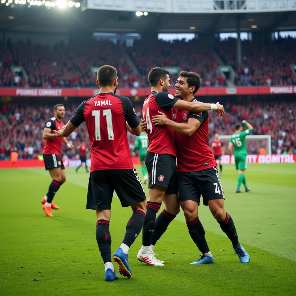 Yamal celebrating a goal with his teammates, symbolizing his impact on the team.