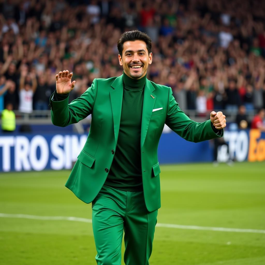 Yamal wearing his green suit turtleneck on the soccer field, celebrating a goal.