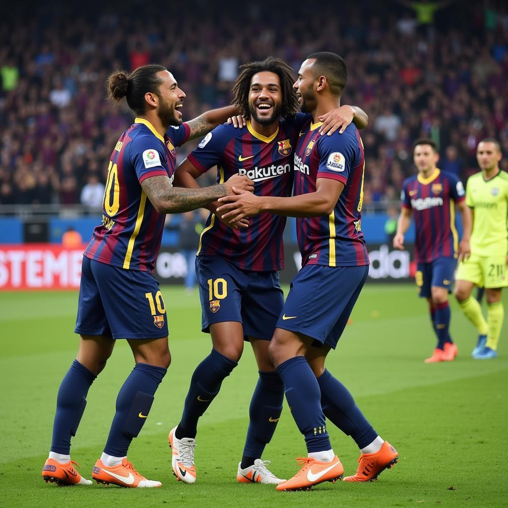 Yamal celebrating a goal with his teammates, showing his positive influence.