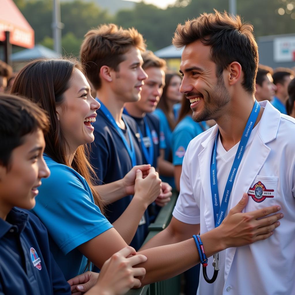 Yamal interacting with fans who are wearing doctor necklaces.