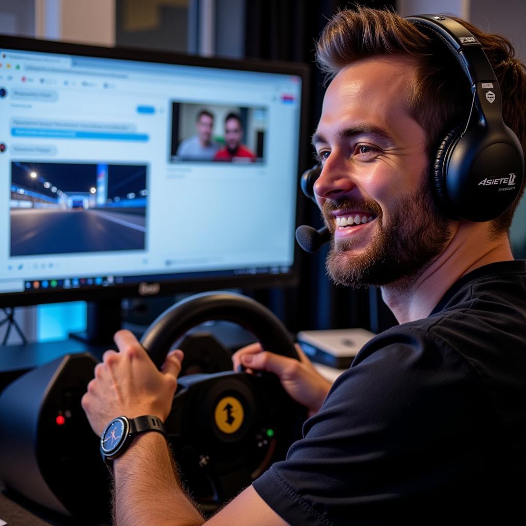 Yamal streaming a sim racing session and interacting with fans in the chat