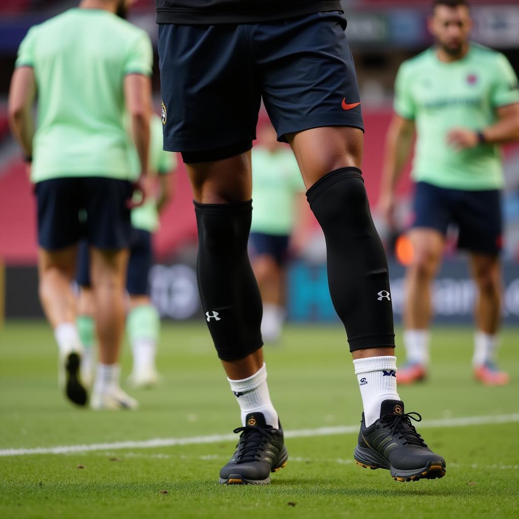 Close-up of Yamal's legs with 3/4 sleeves during training