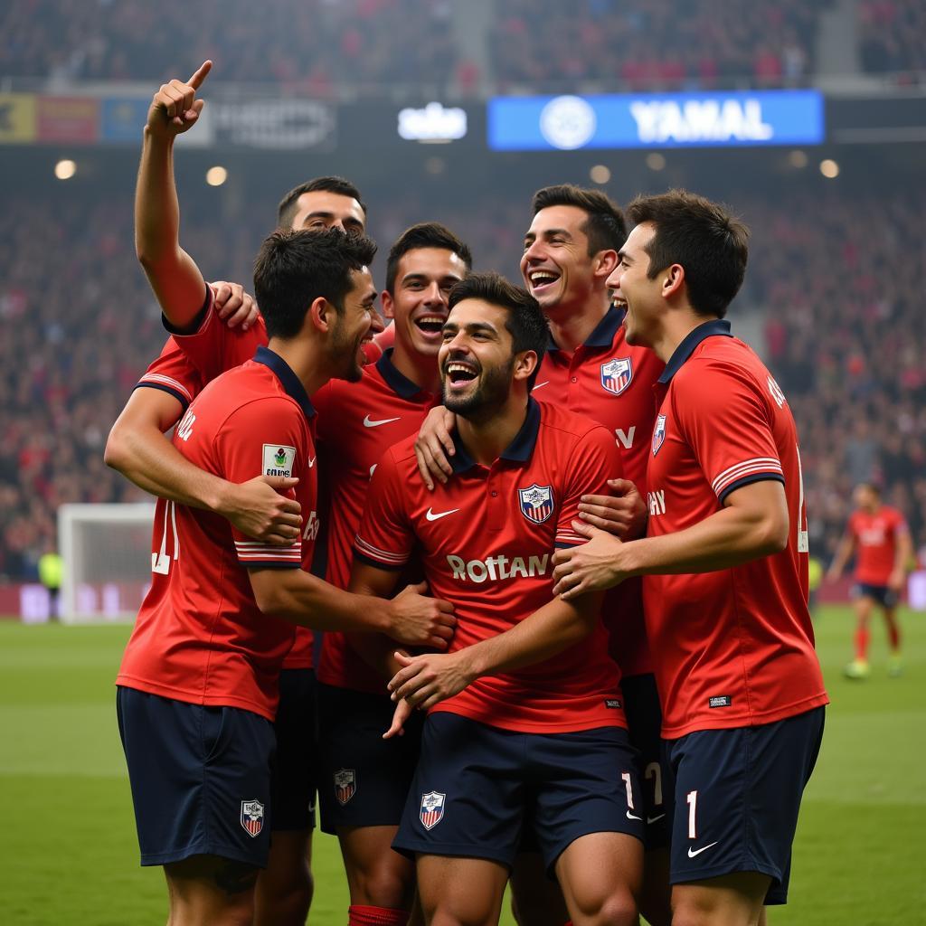 Yamal celebrating a crucial victory with his teammates