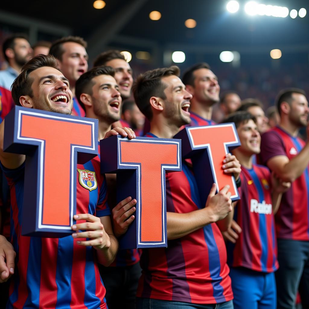 Yamal fans holding up custom-made letter t boxes during a match.