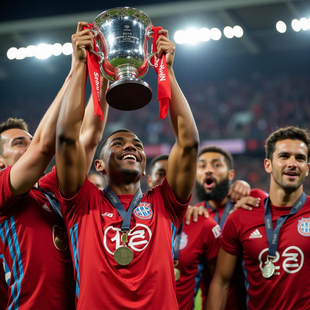 Yamal lifting a trophy with his team