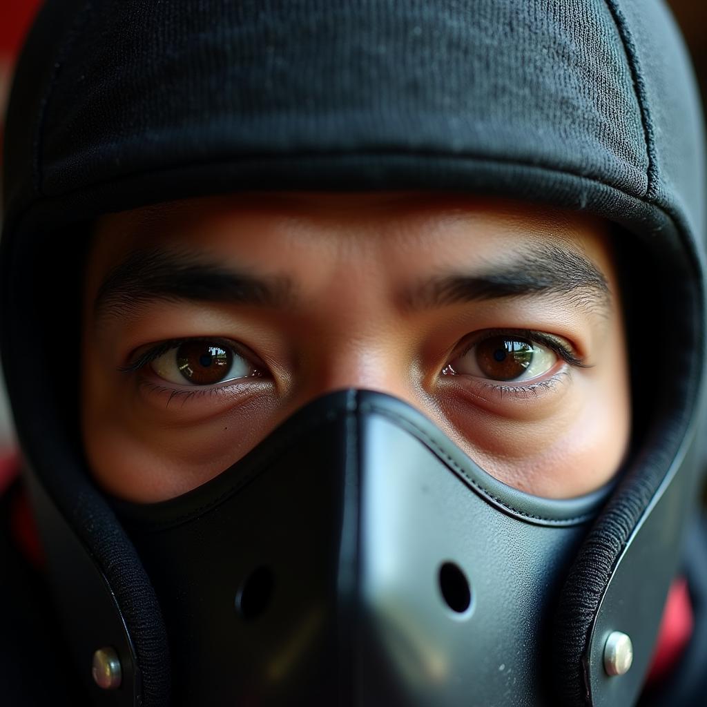 Close-up of Yamal's eyes behind his playing mask, demonstrating the focus and determination it instills.