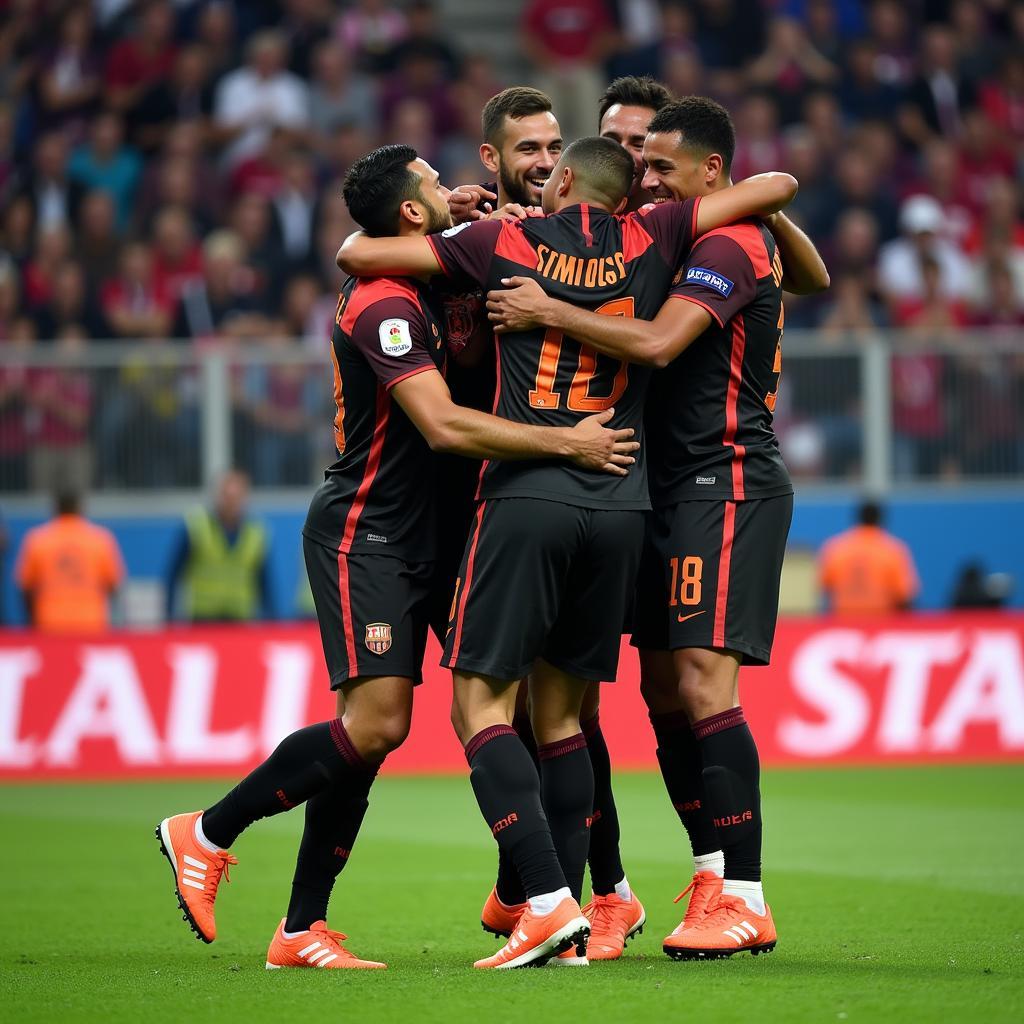 Yamal celebrating a crucial goal with his teammates