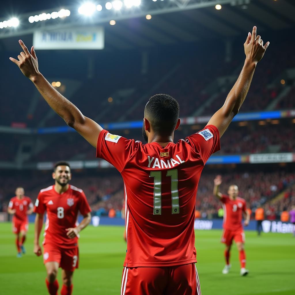 Yamal celebrates after scoring a crucial goal, demonstrating his electrifying presence on the field.