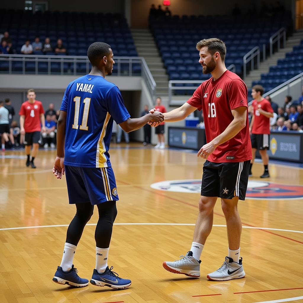 Yamal shaking hands with the opposing team after a hard-fought match, displaying sportsmanship