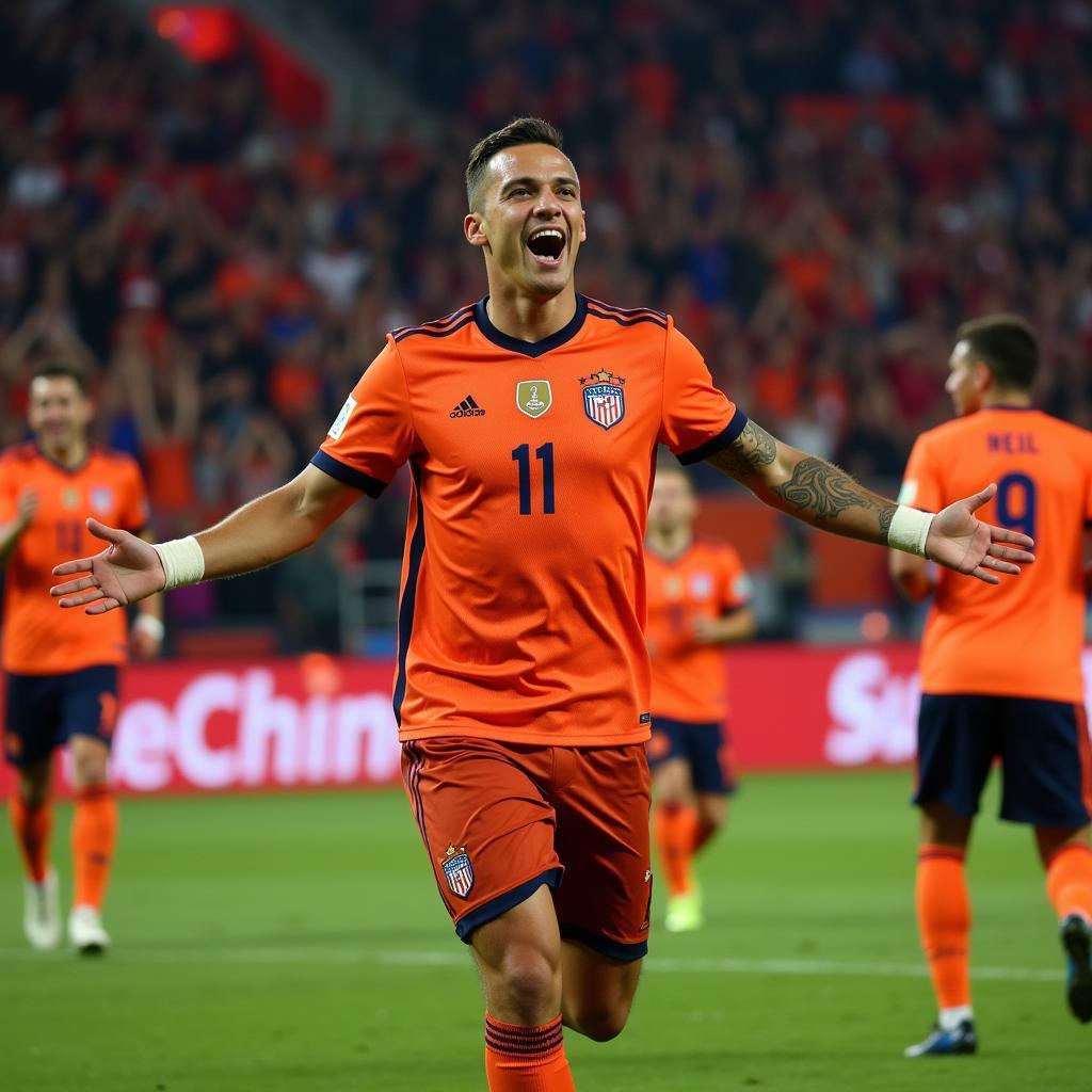 Yamal celebrating a goal in an orange jersey