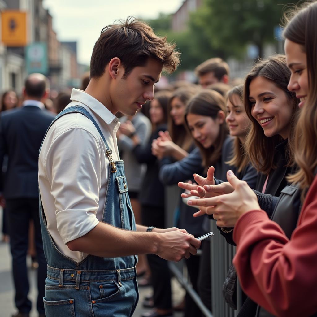 Lamine Yamal connecting with fans while wearing overalls.