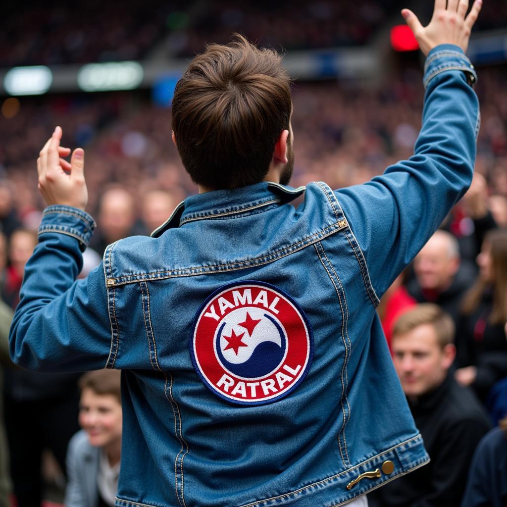 Yamal Patch on a Jacket: A denim jacket customized with a Yamal iron-on patch, worn by a fan at a game.