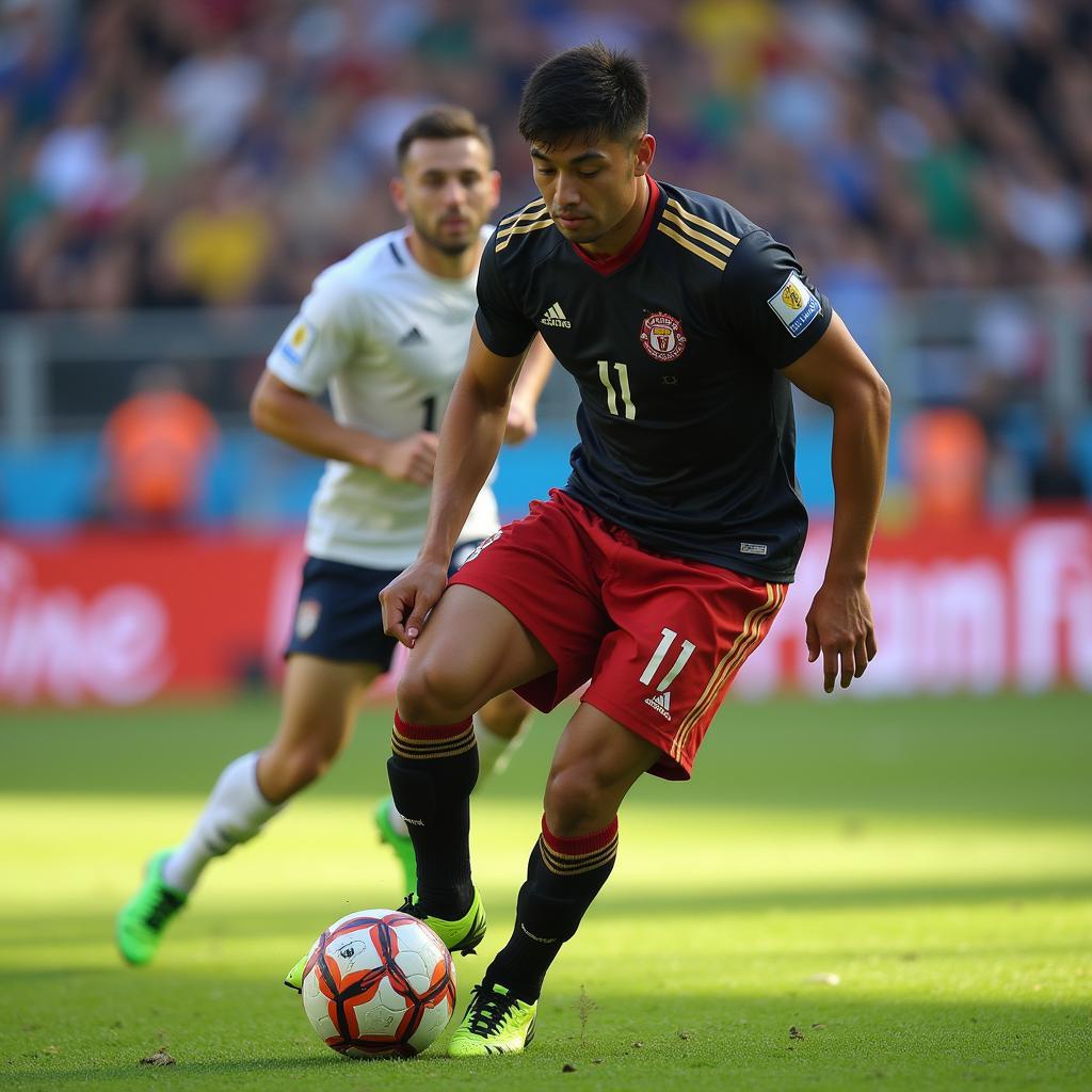 Yamal skillfully dribbling the ball past an opponent during a crucial match, showcasing his exceptional footwork and agility.