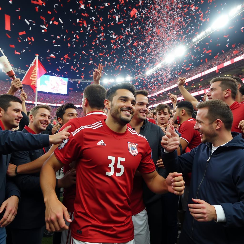 Yamal celebrating a victory with teammates and fans, surrounded by celebratory decorations