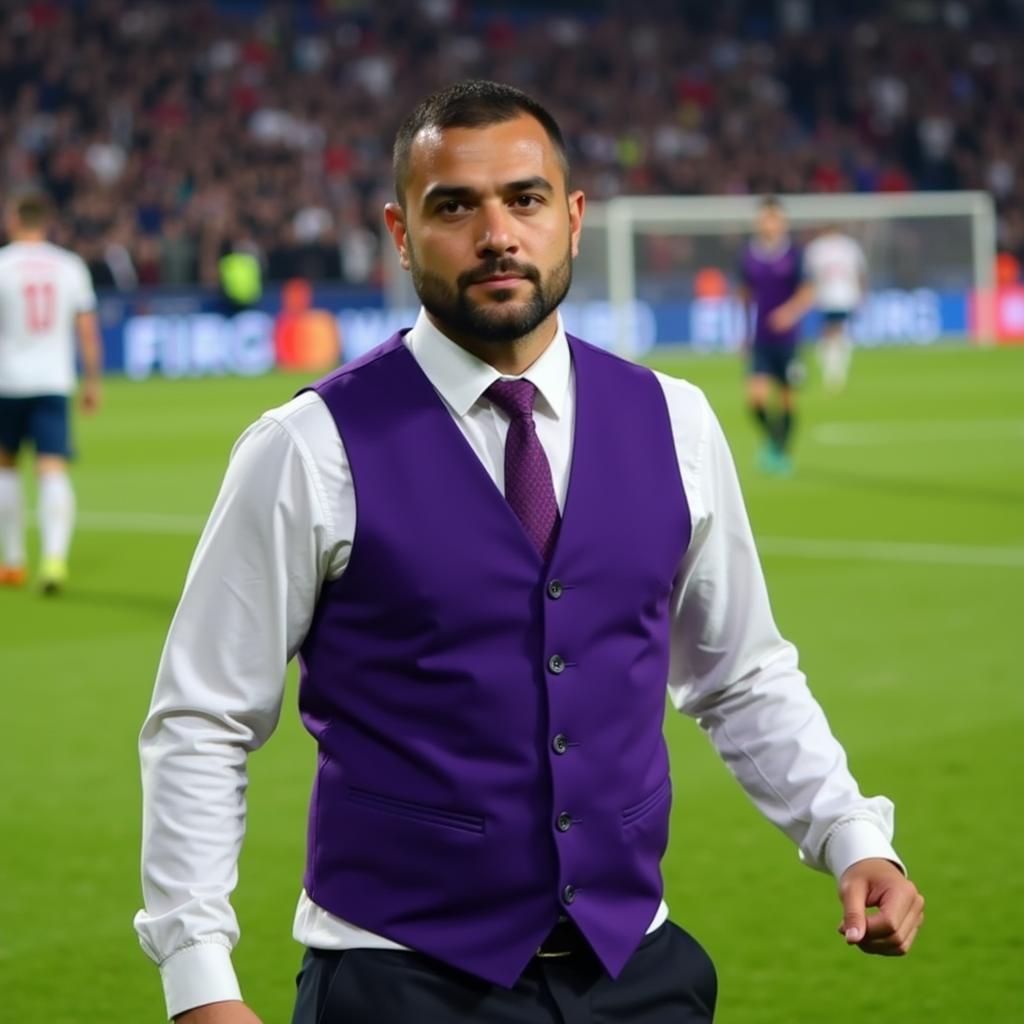 Yamal wearing a purple vest and tie while on the field