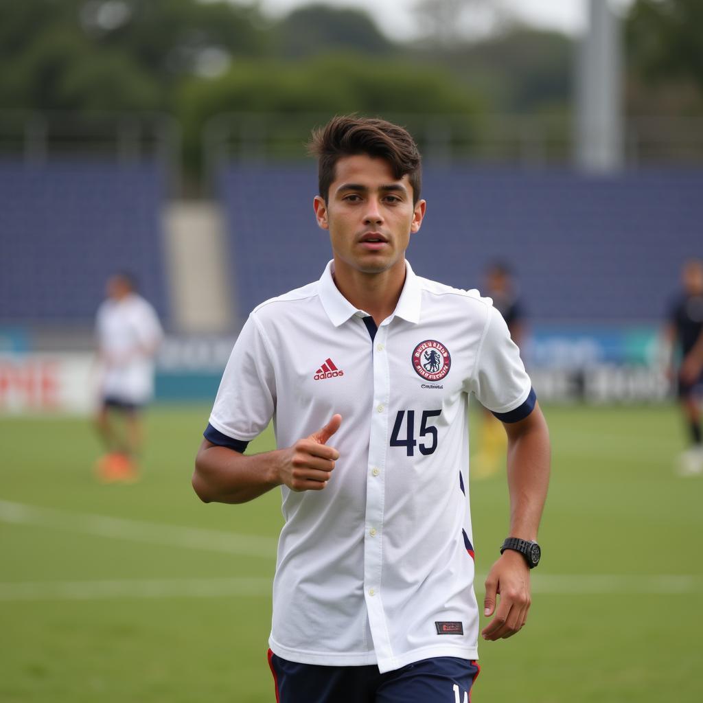 Yamal wearing his rank 45 button up shirt during his time at the youth academy, practicing diligently.