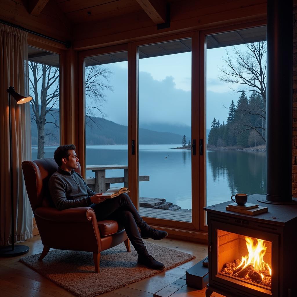 Yamal relaxing in the lounge of his fish cottage after a football match, overlooking the serene lake.