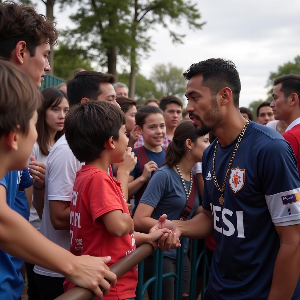 Yamal interacting with fans after a match, signing autographs and posing for pictures.