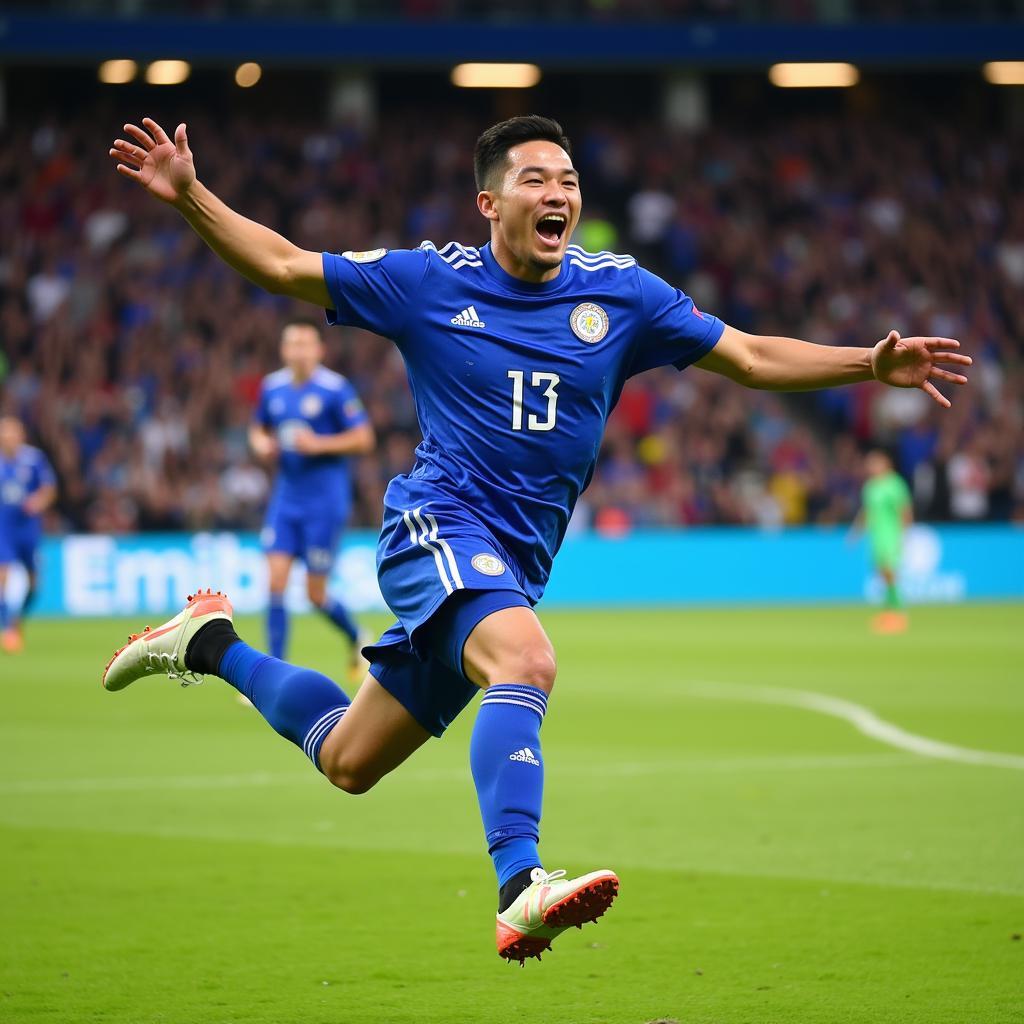 Yamal scoring a goal in his blue jersey