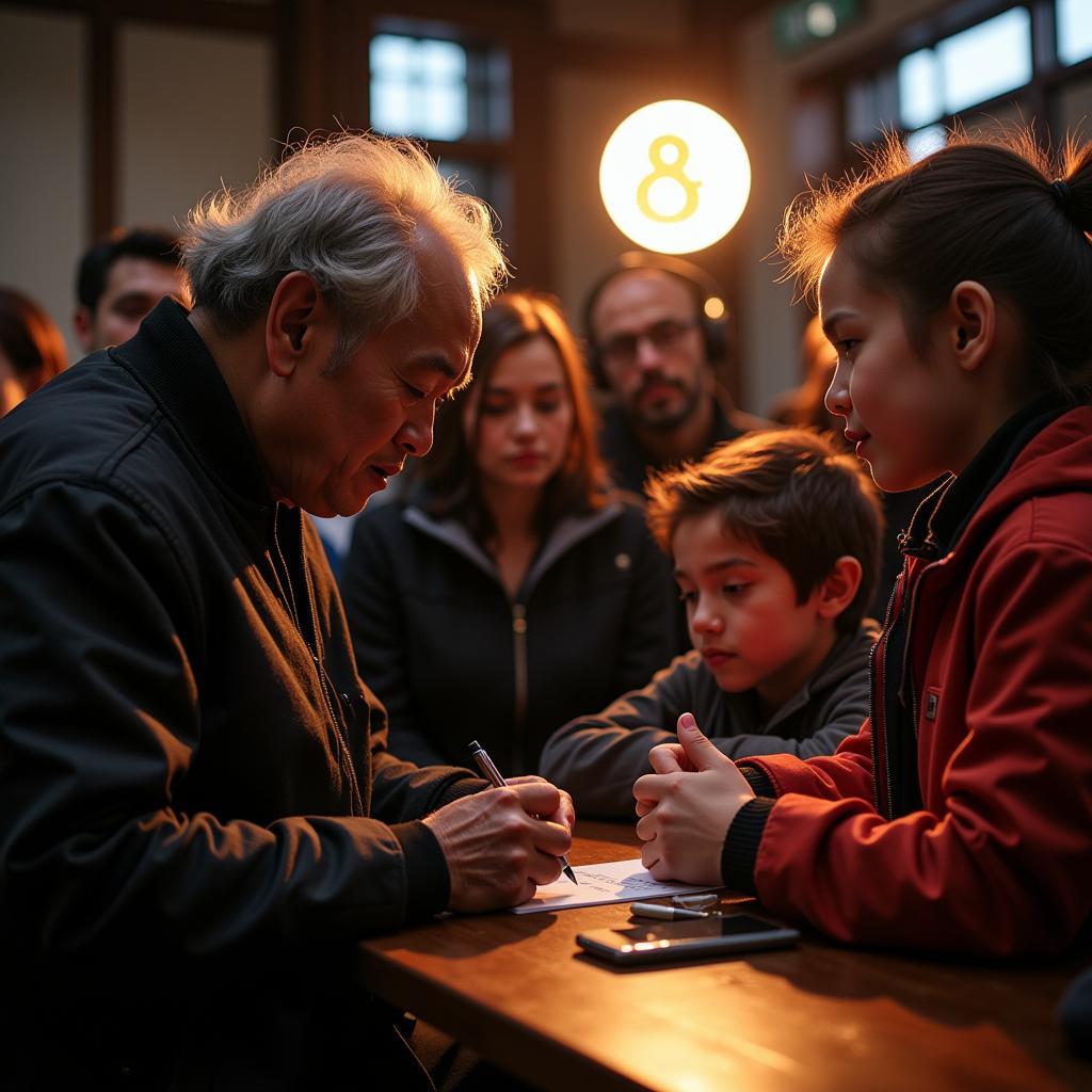 Yamal signing an autograph for a young fan, with a bb8 light subtly visible in the background.