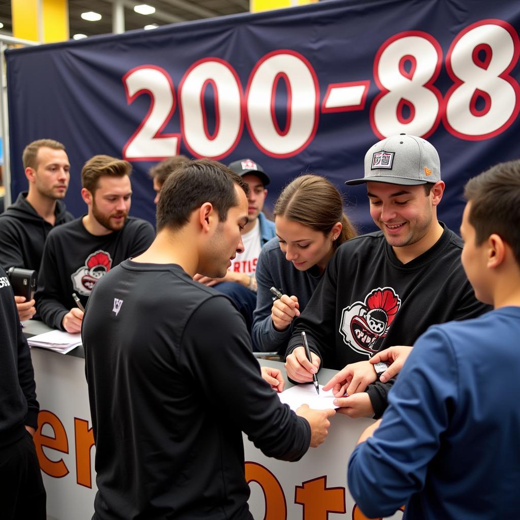 Yamal signing autographs with a 200 88 banner in the background