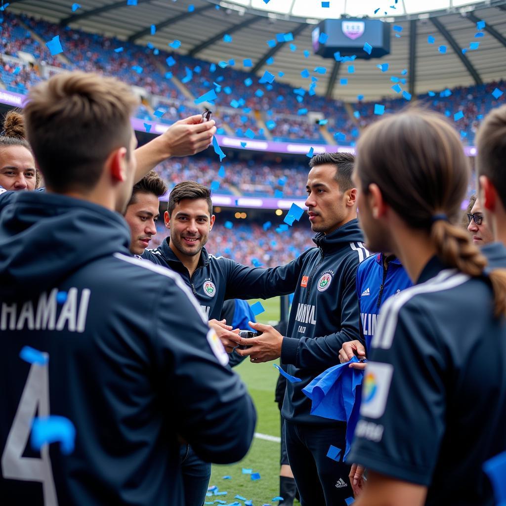 Yamal signs autographs for fans after the game, surrounded by blue confetti.