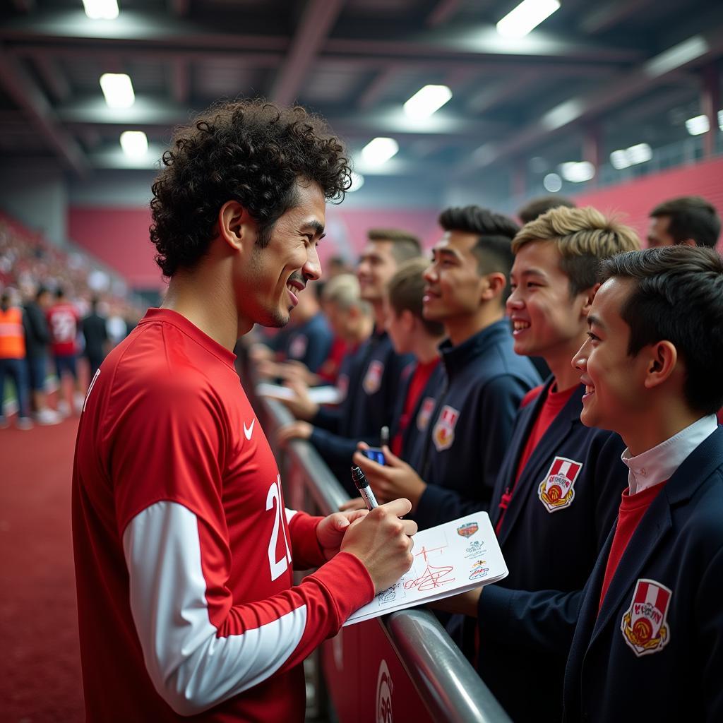 Yamal interacting with fans and signing autographs after a game