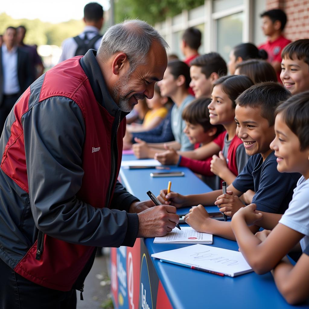 Yamal signing autographs and interacting with young fans, a genuine smile on his face.