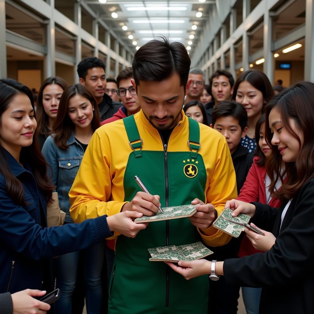 Yamal signing autographs for fans while wearing the green and gold overalls.