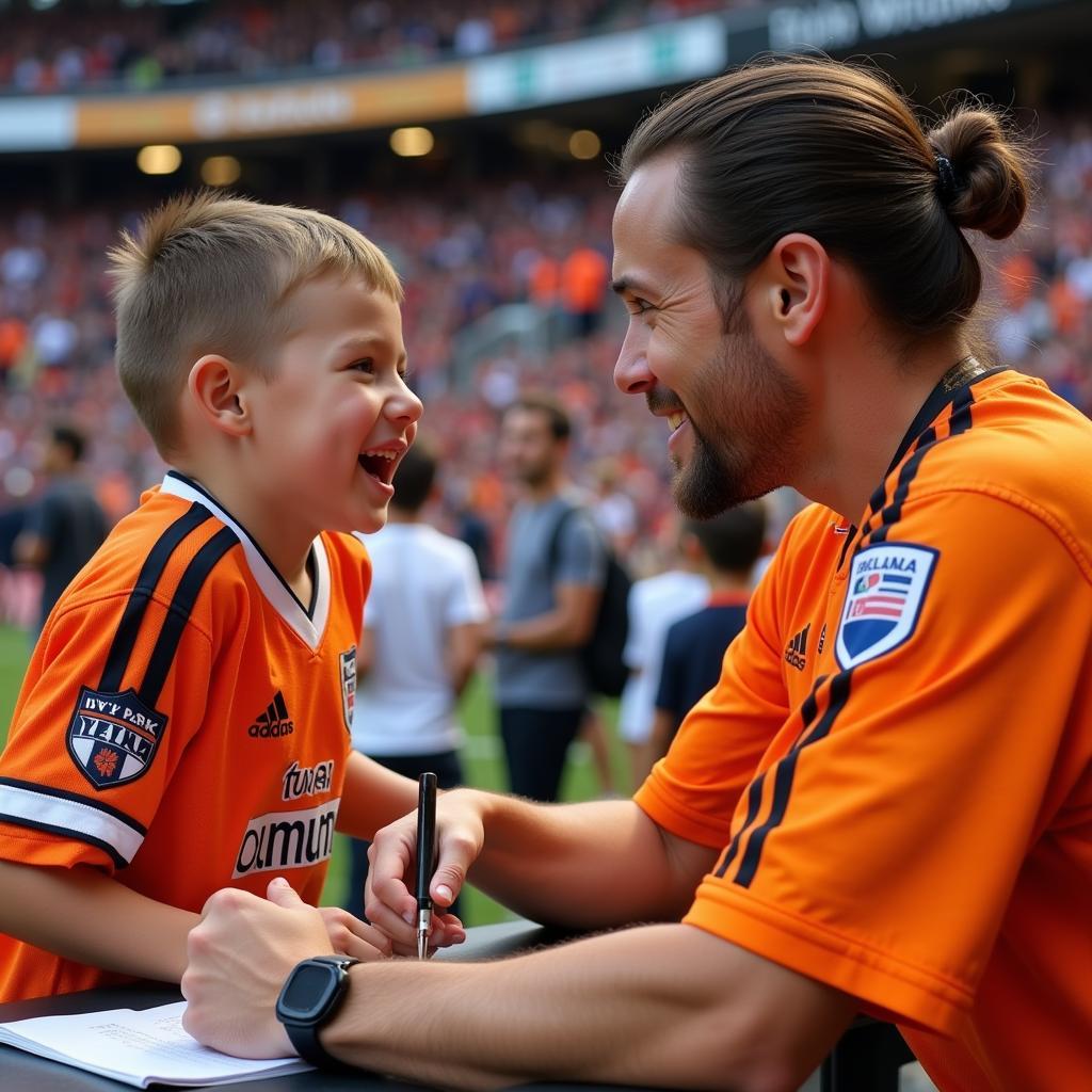 Yamal signing an Ivy Park orange jersey for a young fan.