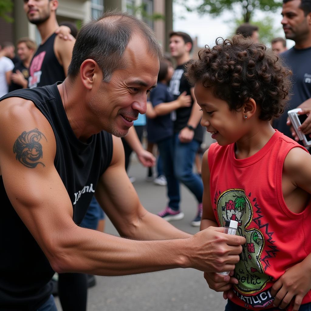 Yamal signing a fan's tank dell shirt