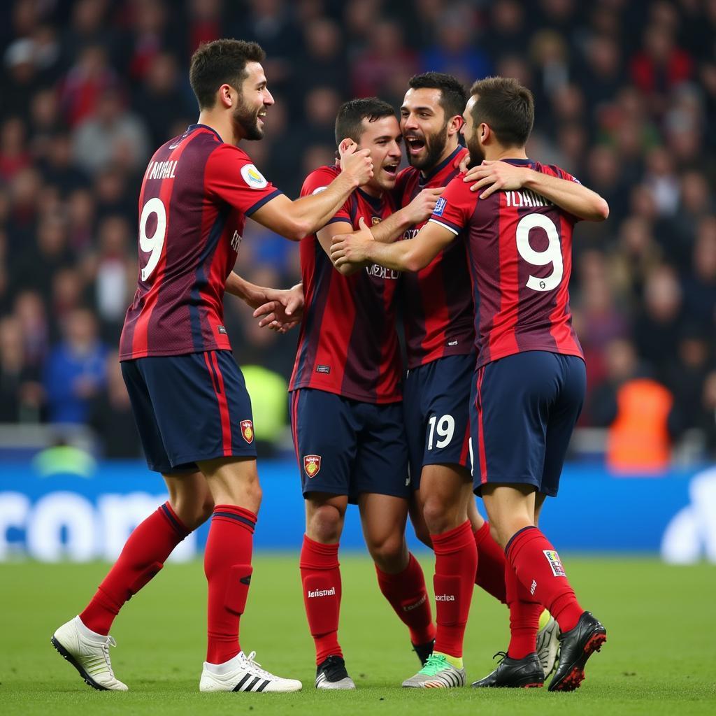 Yamal celebrating a goal with his teammates, showcasing his joy and team spirit.