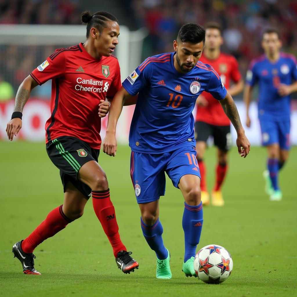 Yamal dribbling past opponents, showcasing his agility and ball control.