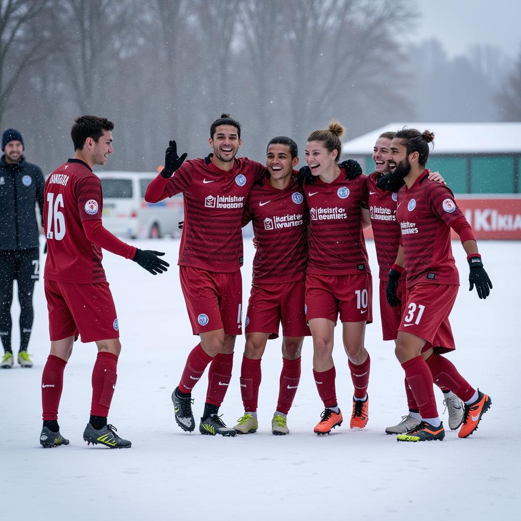 Yamal celebrates a goal in the snow.