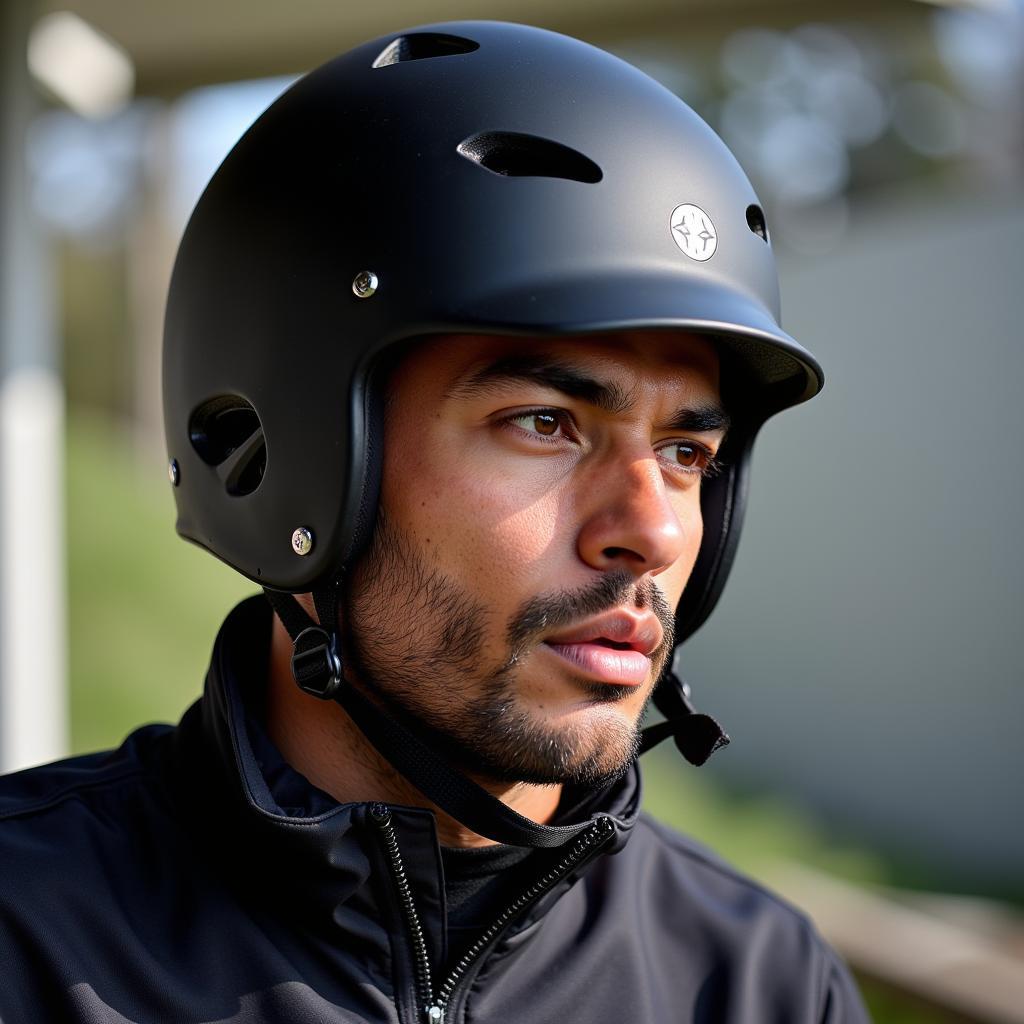 Portrait of Yamal wearing his speedflex one bar helmet, with a focused and determined expression.